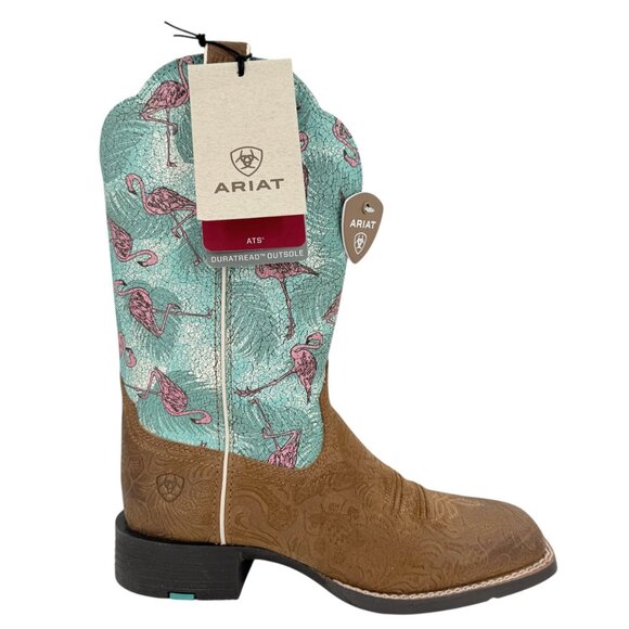 Ariat Women's Round Up Wide Embossed Chestnut Flock O Flamingos Boots Sz 7B NWOB - Picture 2 of 14